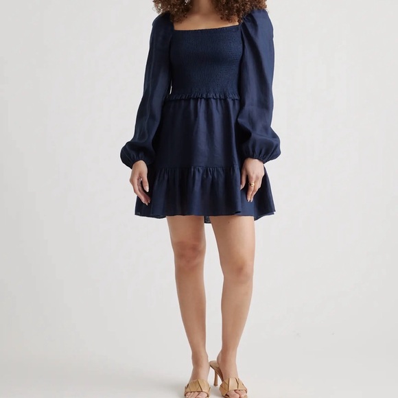 Quince Dresses & Skirts - Quince European Linen Smocked Mini Dress Navy Blue Long Puff Sleeve Tiered L